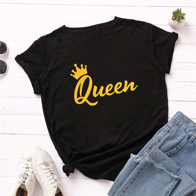 New Queen Crown Print T Shirt Women Shirts 100%Cotton Plus Size S-5XL